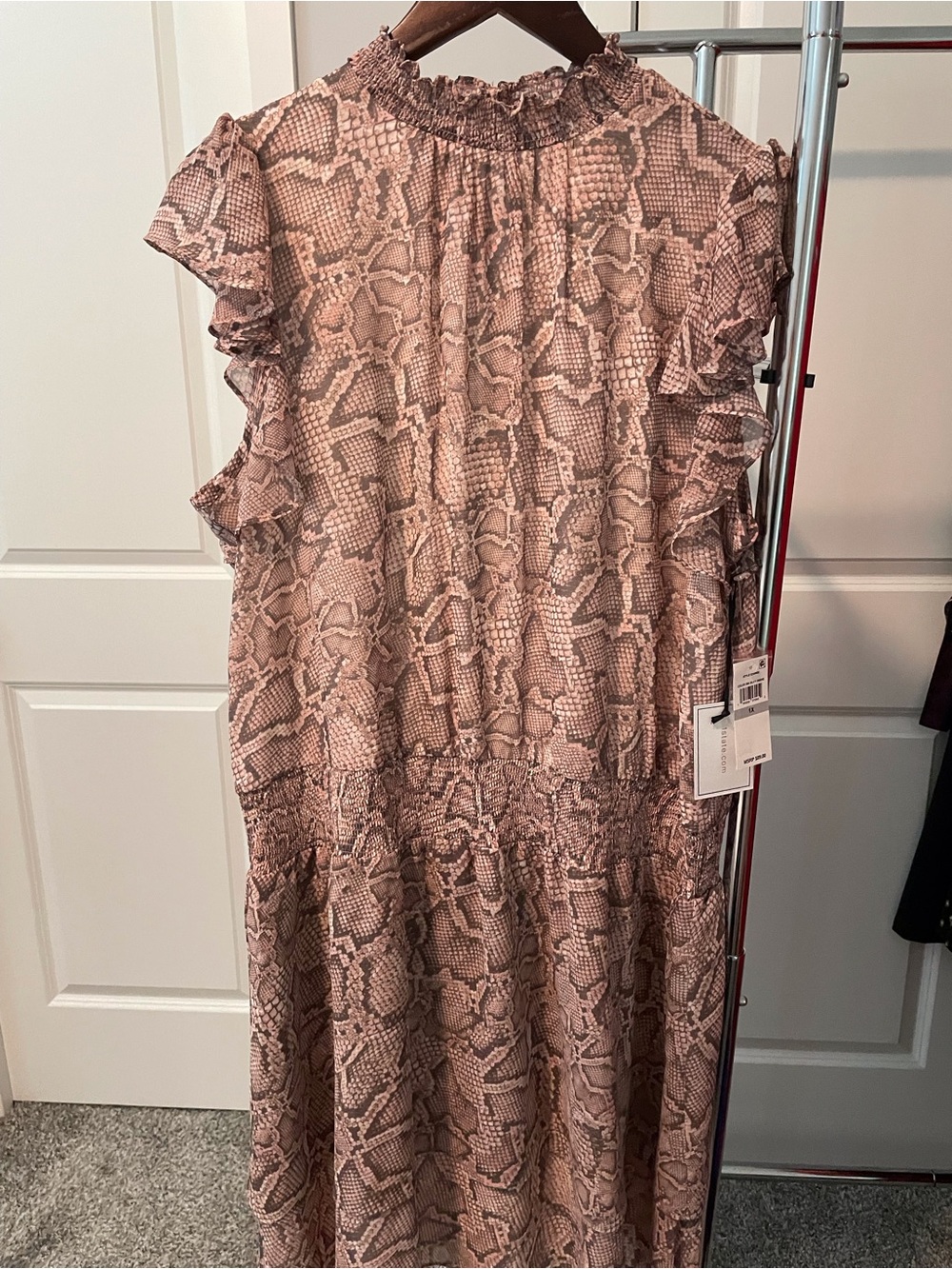 STATE Pink Snake-Print Midi Dress with Smocked Neck